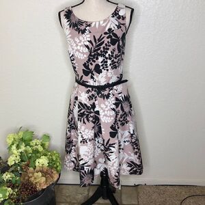 Taylor sleeveless pink, black and cream floral print fit and flare dress